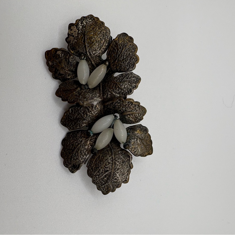 Floral Leaf Brooch w/ White Marquise Stones – Antique Finish